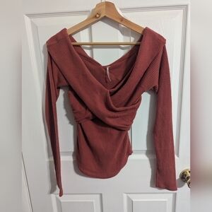 Free People Womens XS Marley Buffy Rib Red Off Shoulder Sweater Top Shirt